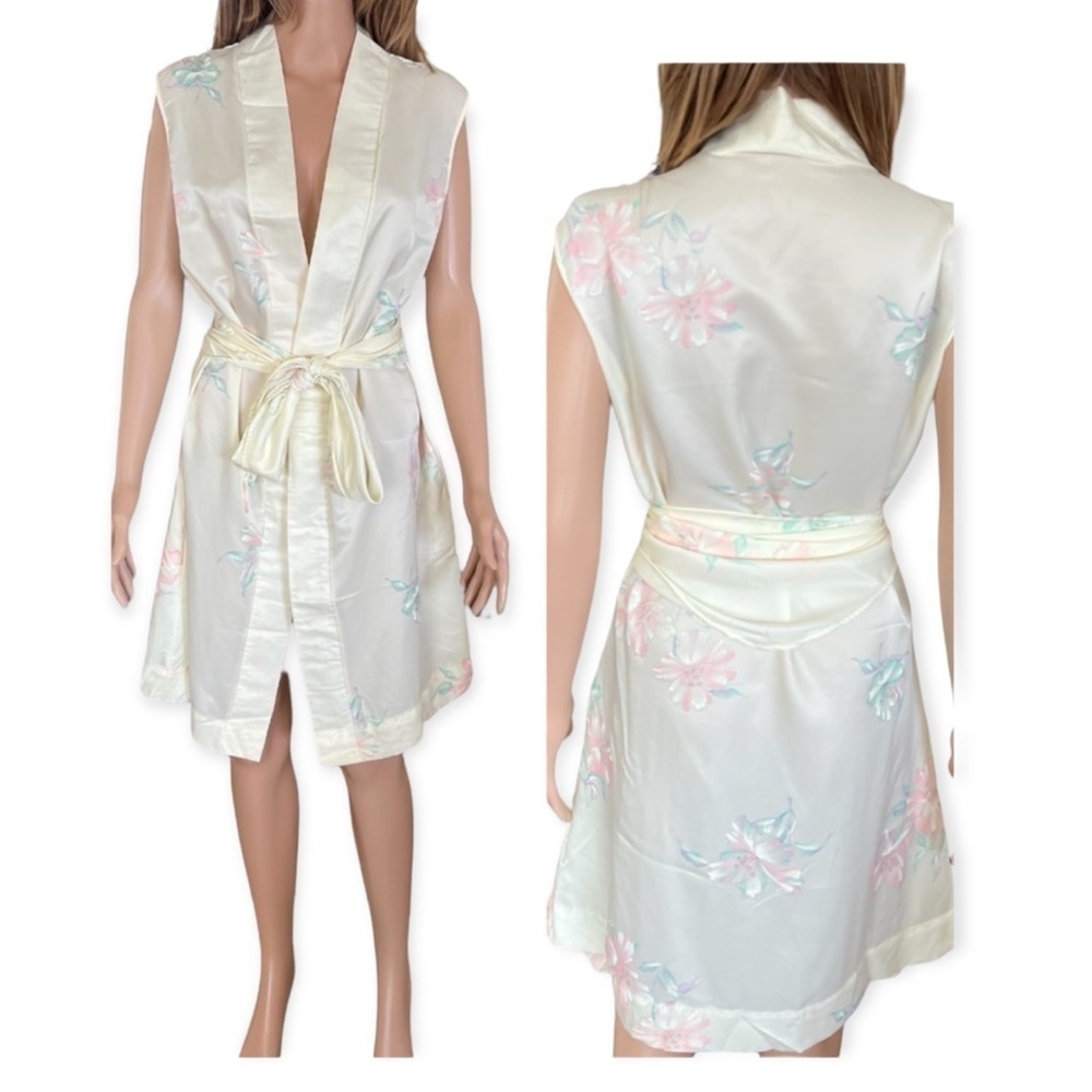 BARBIZON Vintage Open Front Sleeveless Floral Satin Kimono Size M